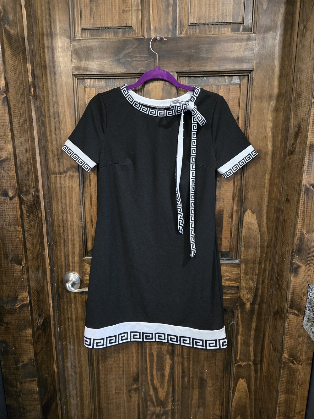 Black Shift Dress with White Greek Key Trim